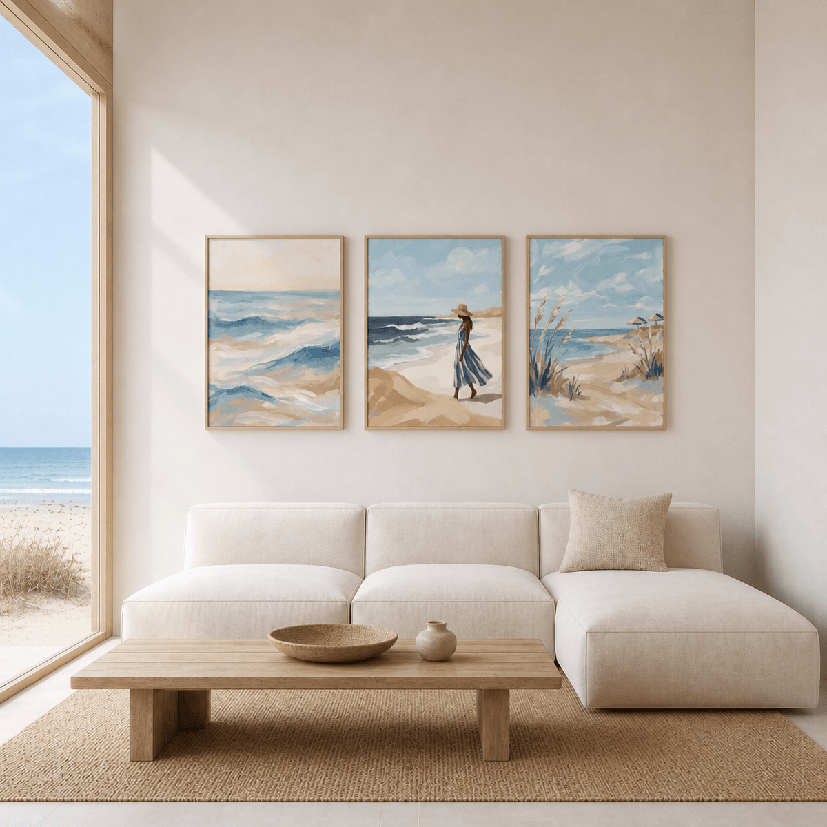 Modern living room with a white sofa, wooden coffee table, and beach-themed wall art.