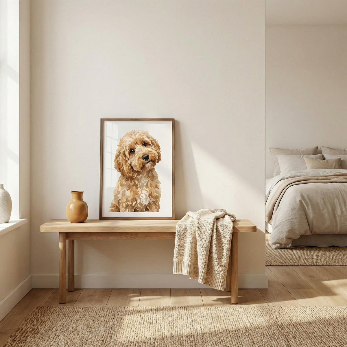 Framed picture of a dog on a wooden bench in a bedroom with a bed and lamp in the background.