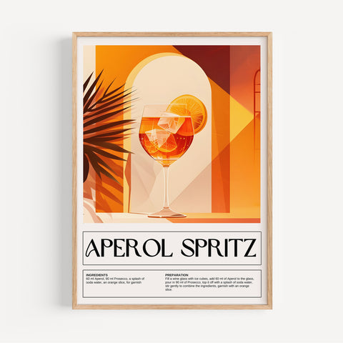 Bold Aperol Spritz cocktail art print for kitchen or home bar decor