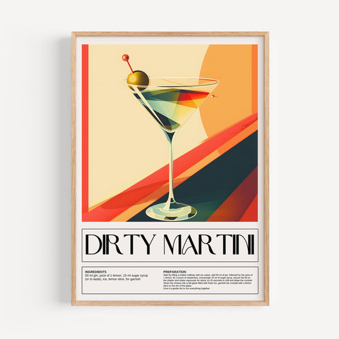 Stylish cocktail drink print featuring the Dirty Martini recipe for bar or kitchen