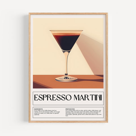 Bold modern drink poster featuring Espresso Martini recipe for home bar