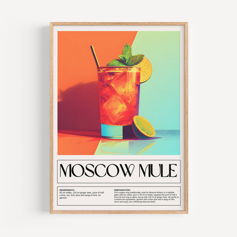 Vibrant Moscow Mule cocktail poster with recipe for kitchen and bar decor