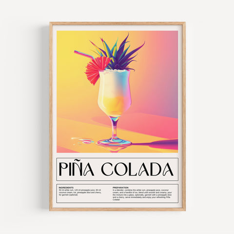 Piña Colada drink recipe art print with bright colours for summer decor