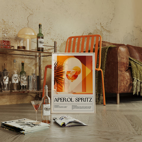 Modern Aperol Spritz poster, perfect kitchen or home bar decor with vibrant orange tones.
