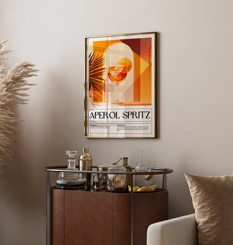 Aperol Spritz wall art featuring detailed recipe, ideal for cocktail lovers and home mixologists.
