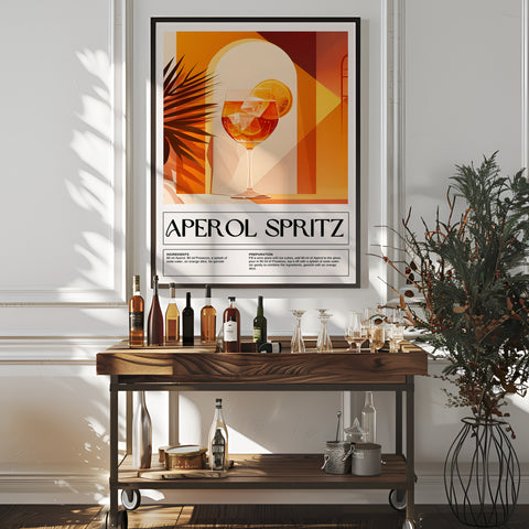 Aperol Spritz cocktail recipe poster with bold geometric design in bright orange hues.
