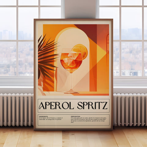 Bold Aperol Spritz cocktail art print for kitchen or home bar decor