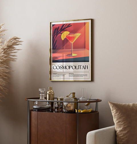 Cosmopolitan cocktail recipe poster with trendy, bold colours, ideal for kitchen or dining room decor.