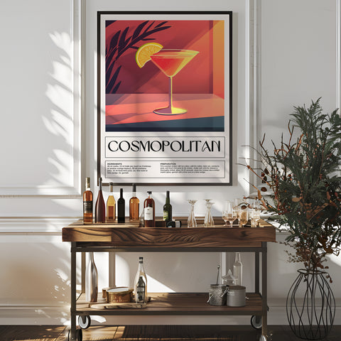 Stylish Cosmopolitan cocktail guide poster, ideal decor for cocktail lovers and mixologists.
