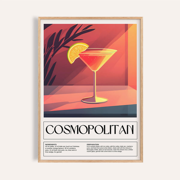 Drink poster art featuring Cosmopolitan cocktail recipe