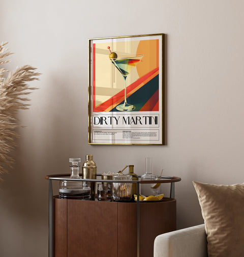 Elegant Dirty Martini recipe poster, vibrant and decorative for cocktail lovers' spaces.
