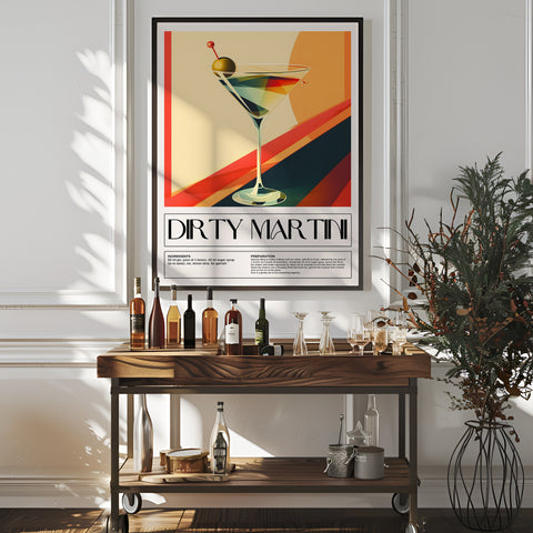 Dirty Martini recipe poster with bold, modern design, perfect for home bar decor.
