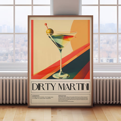 Stylish cocktail drink print featuring the Dirty Martini recipe for bar or kitchen