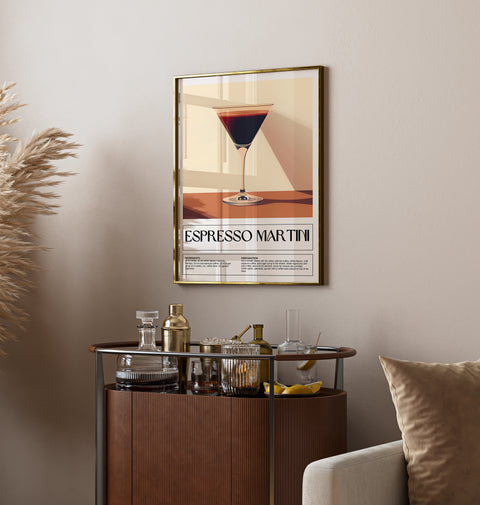 Espresso Martini recipe poster, sleek wall art for coffee lovers and cocktail fans.
