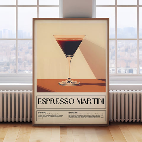 Bold modern drink poster featuring Espresso Martini recipe for home bar