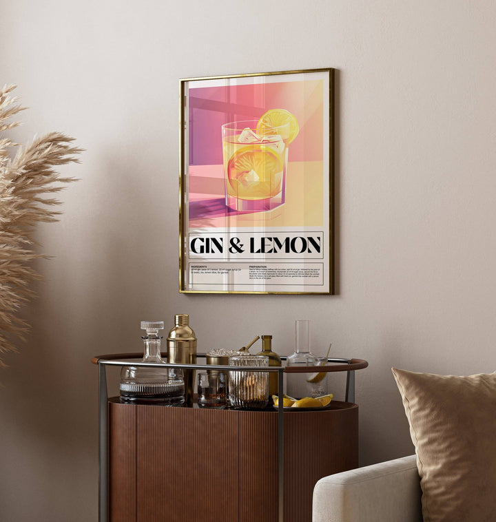 Bar wall decor of a gin and lemon cocktail illustration in pink and yellow above a drinks trolley
