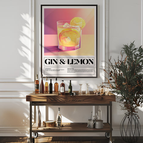 Vibrant Gin and Lemon art print, stylish wall decor for gin lovers.
