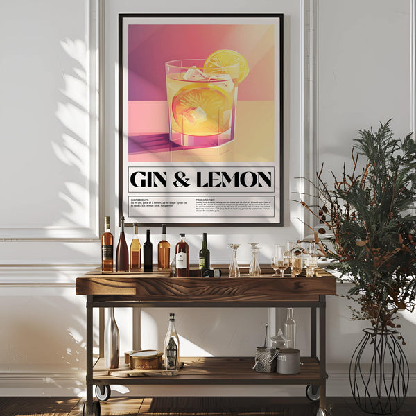 Colourful gin and lemon recipe poster serving as engaging bar wall decor