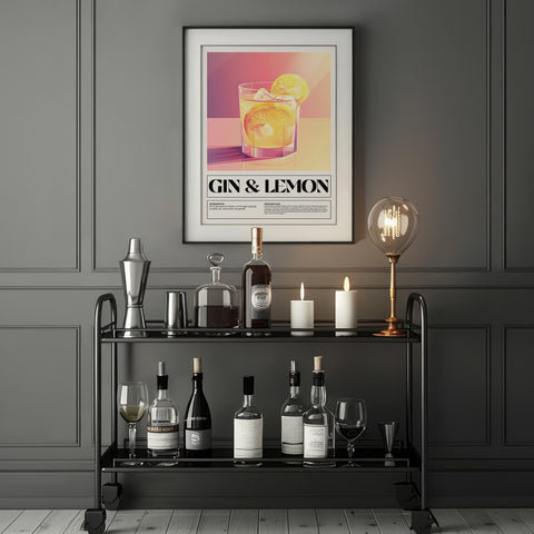 Modern cocktail recipe wall art featuring refreshing Gin and Lemon drink.
