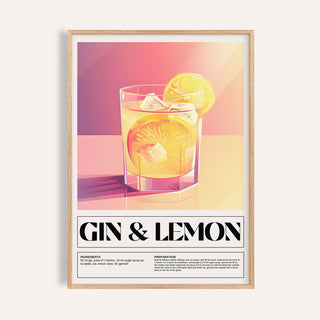 Bar wall decor showing a gin and lemon cocktail illustration with warm yellow and pink tones