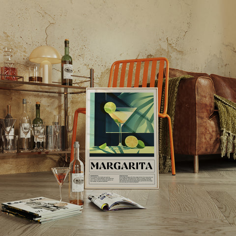 Colourful Margarita recipe wall art, perfect for home bars and party decor.
