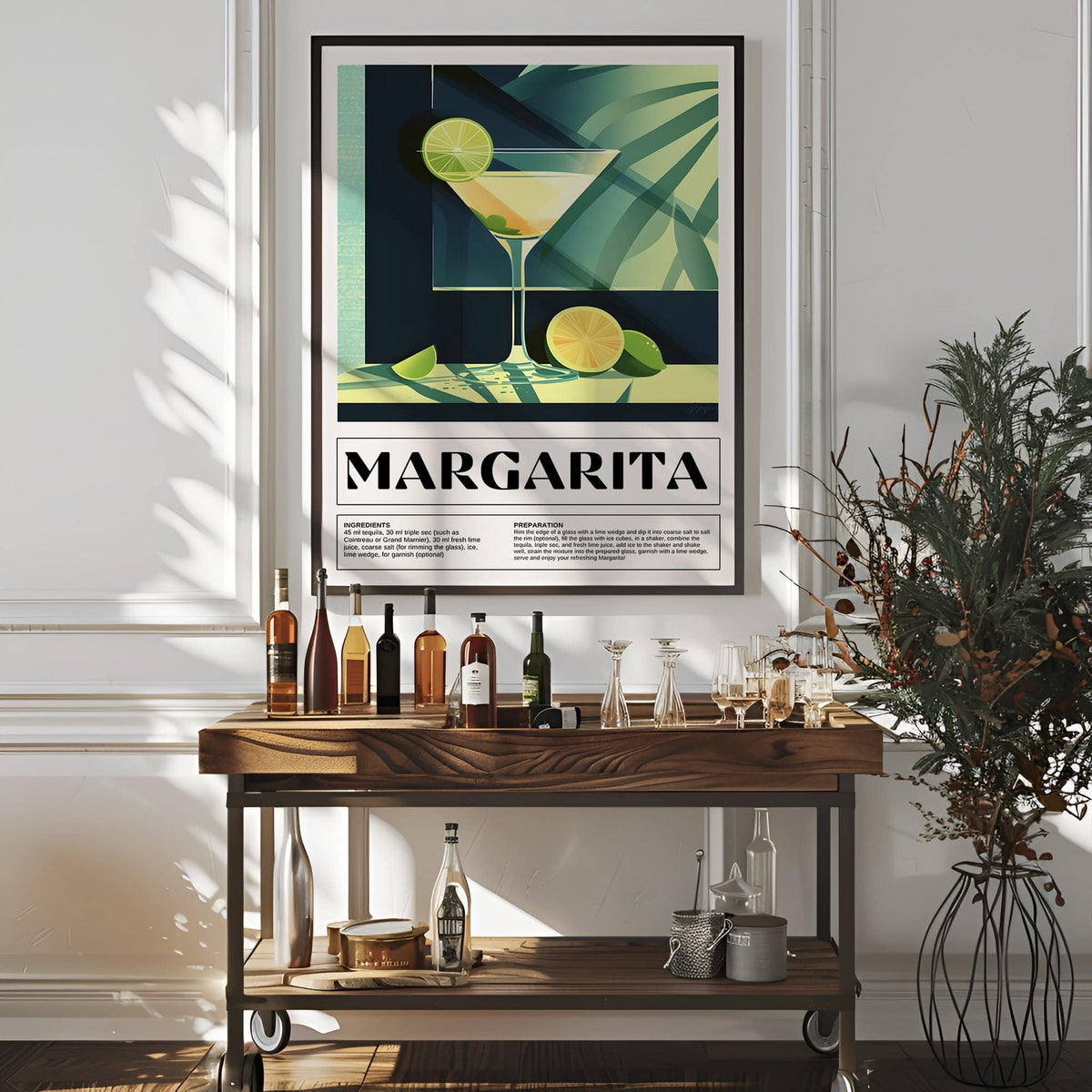 unique cocktail glass art with recipe details