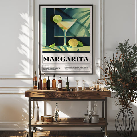 Bright and fun Margarita cocktail guide print for kitchens and dining areas.
