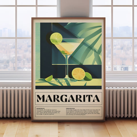 Bold colourful summer drink poster featuring Margarita cocktail recipe