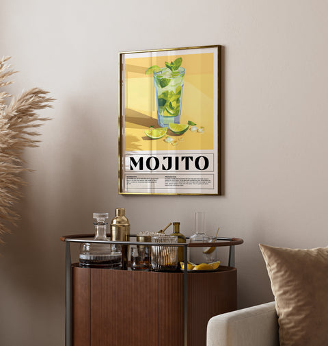 Colourful wall art print of Mojito cocktail recipe for kitchen decor
