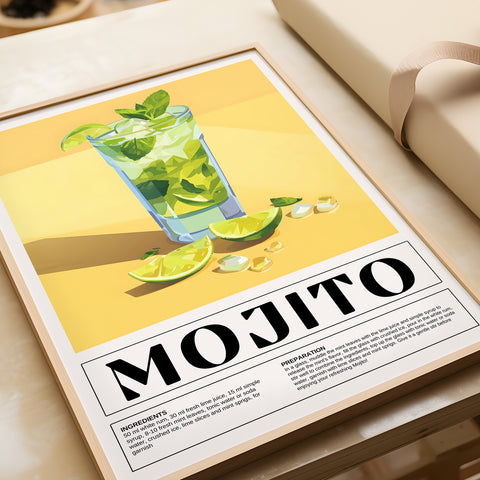 Mojito recipe art print featuring mint, lime, and rum ingredients
