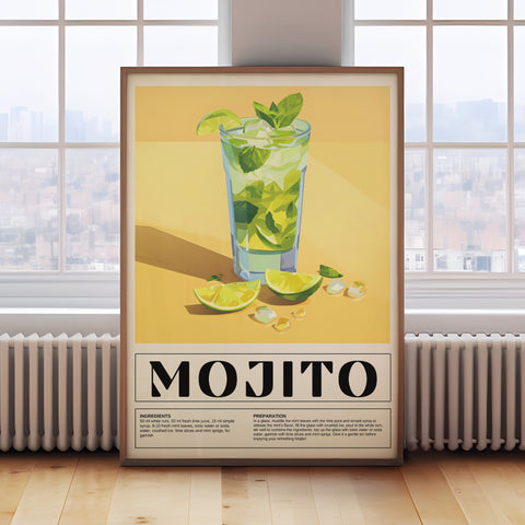 Refreshing mint and lime Mojito recipe poster for home bar

