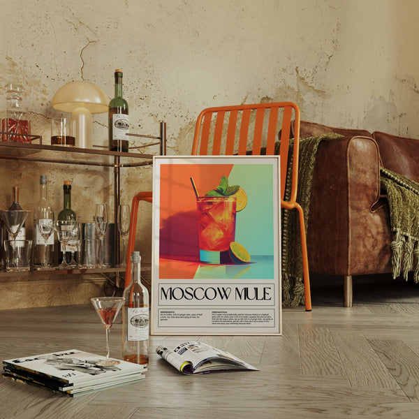 Colourful cocktail art featuring Moscow Mule ingredients for home bar decorations