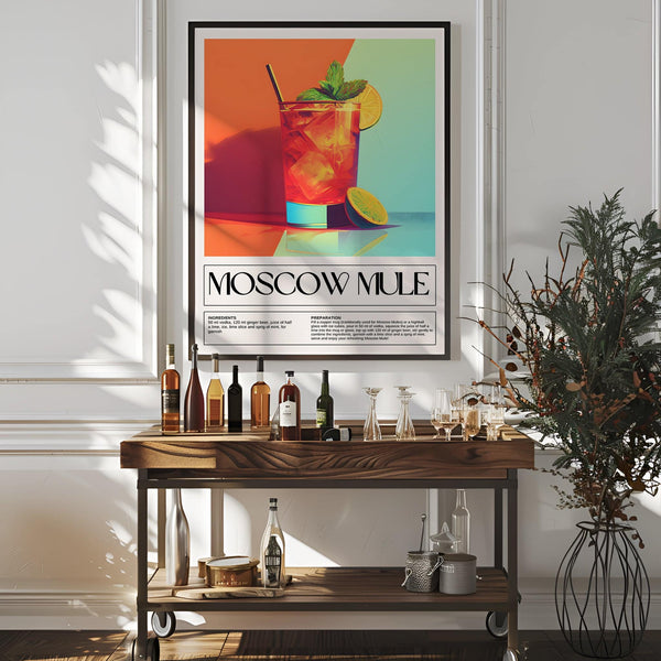 Moscow Mule drink poster with copper mug illustration for home bar decorations