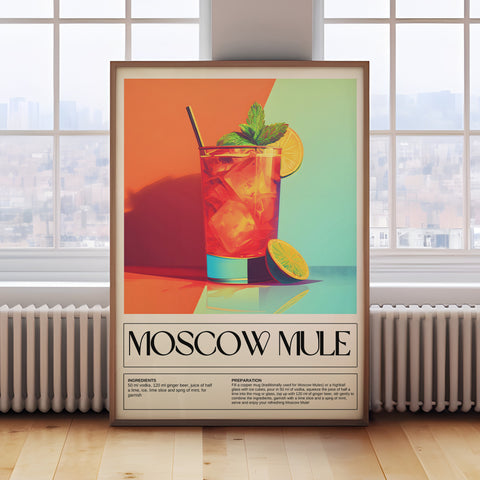 Vibrant Moscow Mule cocktail poster with recipe for kitchen and bar decor