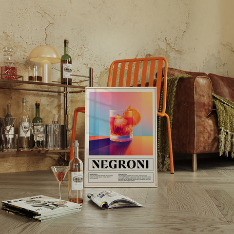 Wall art featuring classic Negroni recipe with gin, Campari, and vermouth
