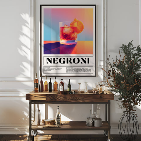 Negroni cocktail recipe poster with bold and vibrant colours
