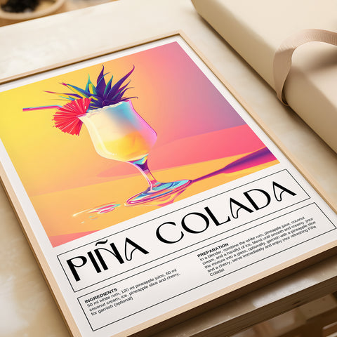 Piña Colada cocktail recipe poster with vibrant tropical colours
