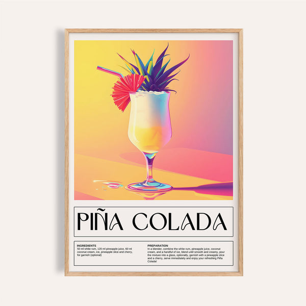 Tropical drink wall art featuring Piña Colada recipe and ingredients