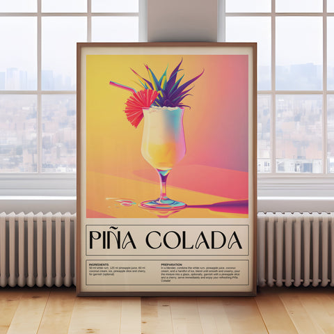 Piña Colada drink recipe art print with bright colours for summer decor