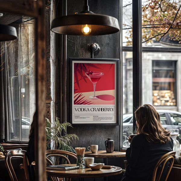 Stylish vodka and cranberry juice home bar print in red tones