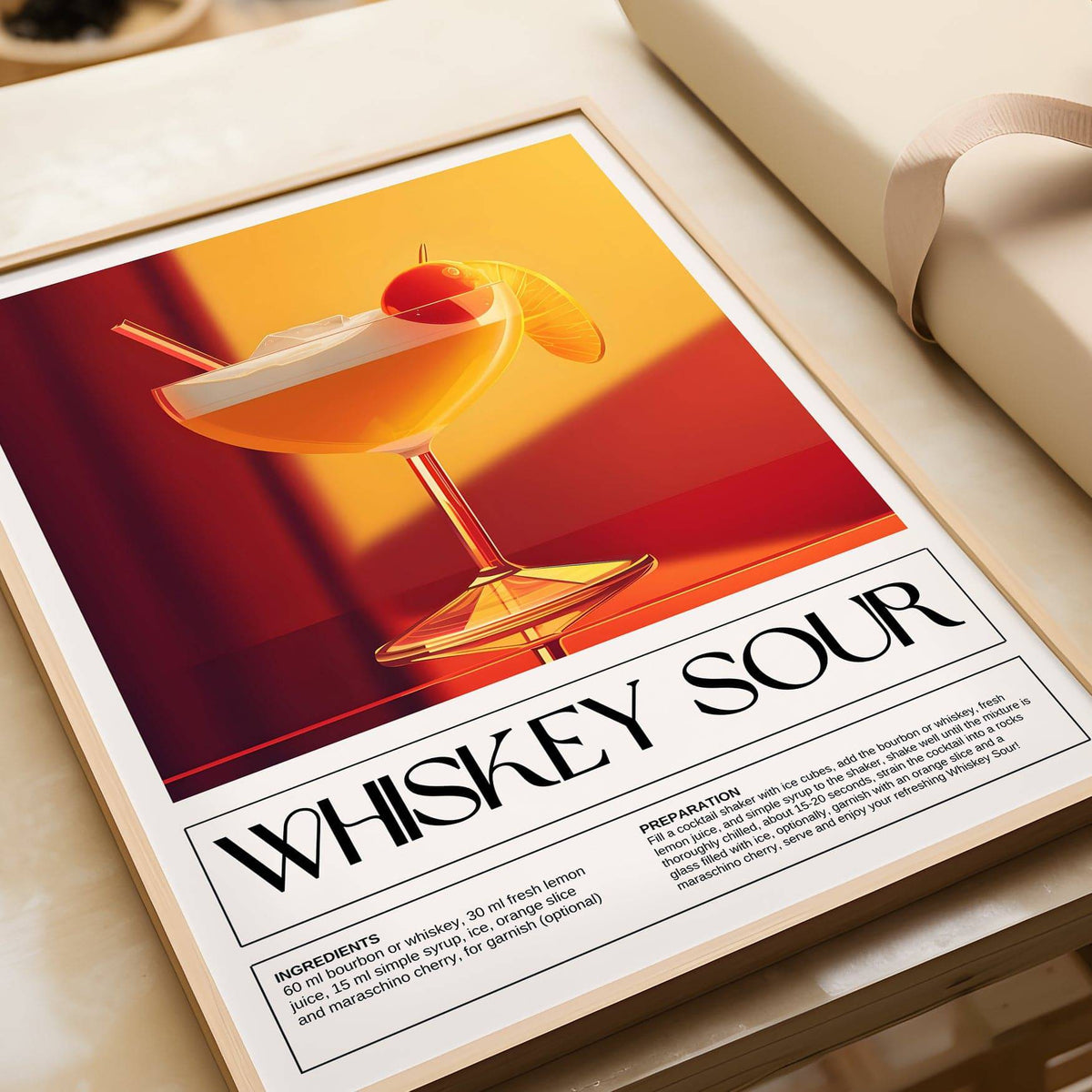 Lemon and whiskey ingredients in colourful wall art for bar area