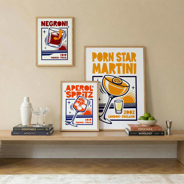 Cocktail Posters Set featuring Blue and Orange for gallery wall set in lounge