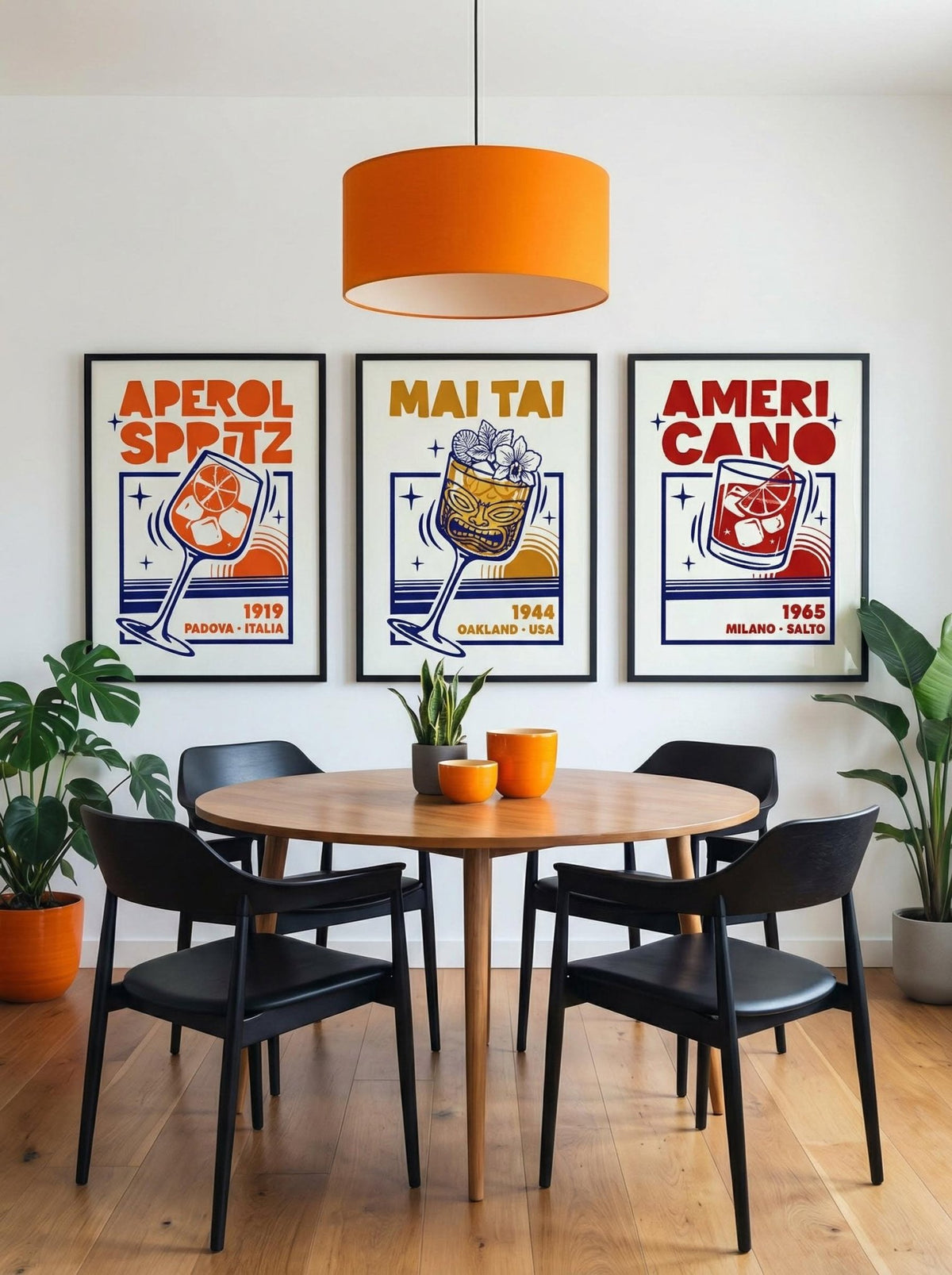Dining room with a round table and black chairs, featuring three framed cocktail posters on the wall.