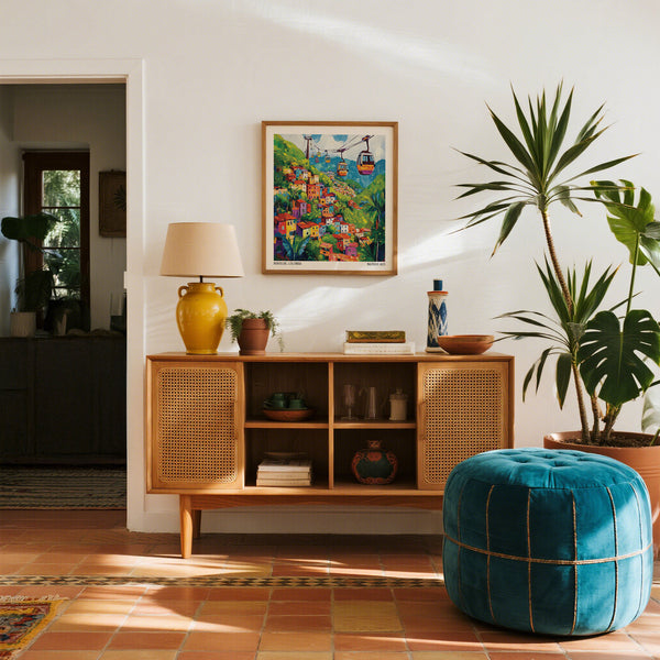 Living room with wooden sideboard, colorful Colombia wall art, and a blue pouf.