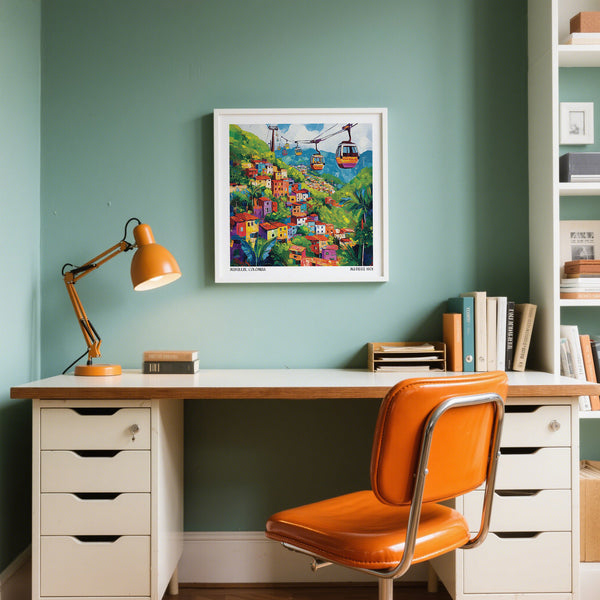 Home office with a desk, lamp, books, and Colombia Wall art of Medellin above desk.