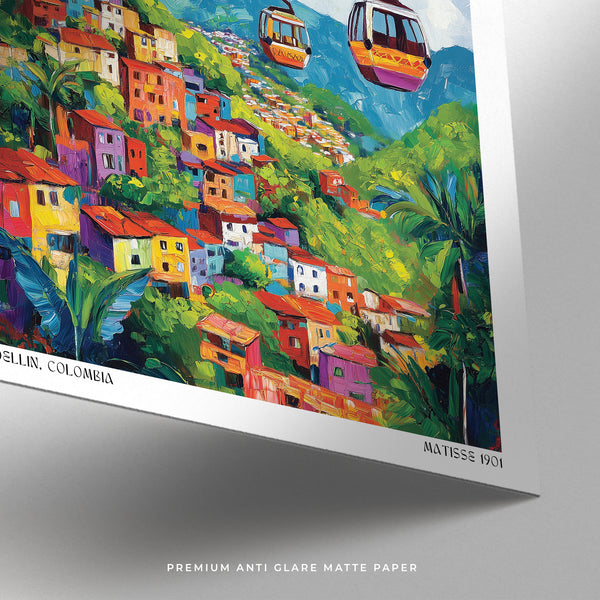 Colorful depiction of a Colombia mountain village in Medellin with cable cars, framed as a painting.