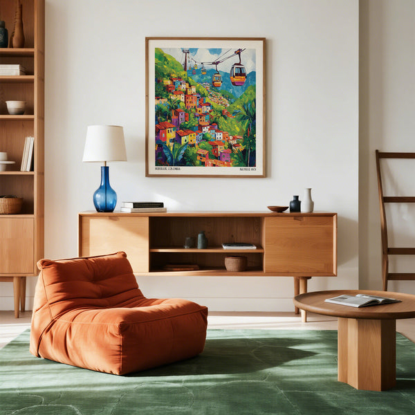 Living room with orange bean bag chair, wooden side table, and colorful wall art.