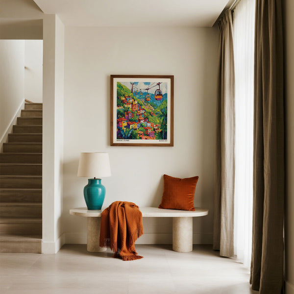 Modern interior with a colorful Colombia painting, lamp, and bench.