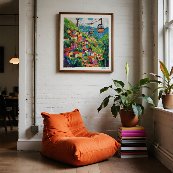 Orange bean bag chair in a room with a colorful Colombia Wall Art.