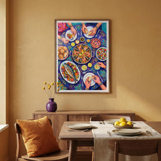 Colorful dining room with a large framed artwork on the wall, table set for a meal, and decorative elements.